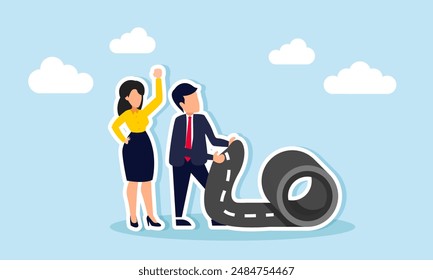 The career path to success starts with career development, and leadership planning for business direction, concept of A smart businessman rolls out the career path road carpet for his team colleagues