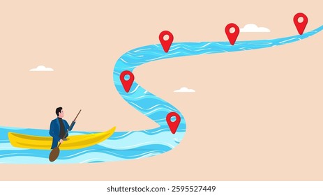 career path to success, the way to achieve goal, milestone or career path achievement, route or pathway to achieve goals, businessman riding a kayak towards achievement milestone to success