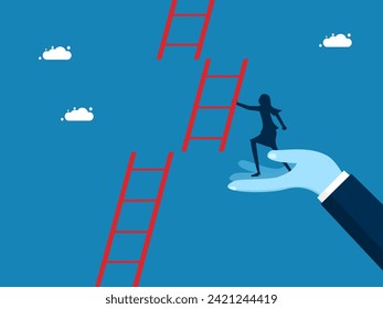 Career path support. Businesswoman female manager helping build stairs for employees 