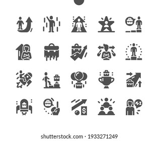 Career Path. Work Progress And Success. Motivation And Growth. Business, Businessman, Achievement, Job, Target, Leadership, Choice, Opportunity And Strategy. Vector Solid Icons. Simple Pictogram