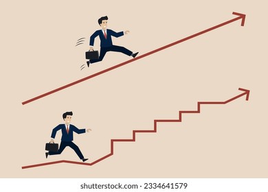 Career path or work success ladder, business strategy, entrepreneur climbing ladder chart, one with smooth going up and other on turbulent path.