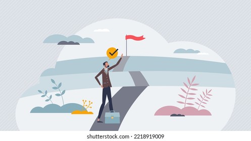 Career path and work vision for job challenge success tiny person concept. Business opportunity and clear direction for company development and professional future achievement plan vector illustration