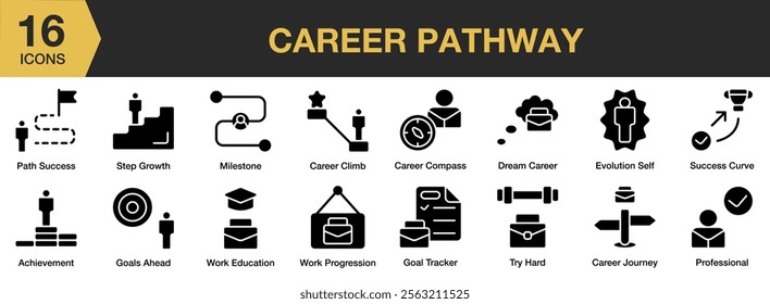 Career Pathway solid icon set. Includes career, success, path, pathway, direction, and More. Solid icons vector collection.