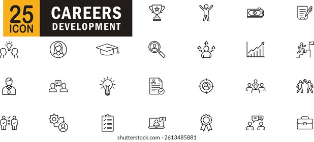 Career and personal development icon outline set. Includes symbols of leadership, goals, training, skills, job application, teamwork, and career growth.
