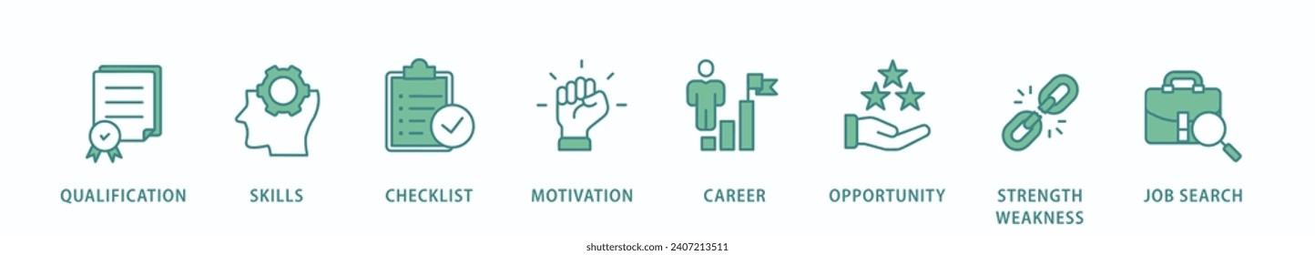 Pancarta de planificación de la carrera Icono web Icono de ilustración vectorial con icono de objetivo definido, lista de comprobación, puntos fuertes débiles, motivación, cualificación, apoyo y éxito
