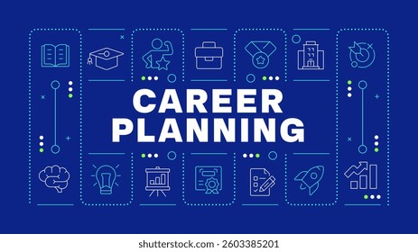 Career planning blue word concept. Specialist knowledge, certification. Goal, milestone. Horizontal vector image. Headline text surrounded by editable outline icons