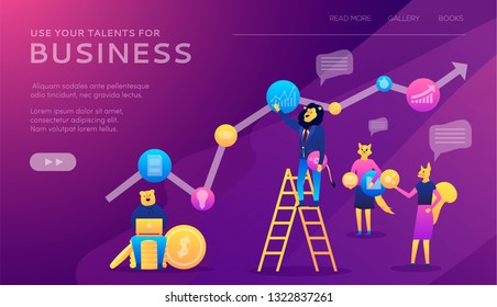Career planning. Businessman draws graph of growth standing at stairs steps. Balance financial value, management and administration. Concept of career growth. Statistic, calculating financial risk 