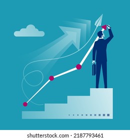 Career planning. Businessman draws graph of growth standing at stairs steps. Concept of career growth. Vector illustration flat design. Isolated on background.