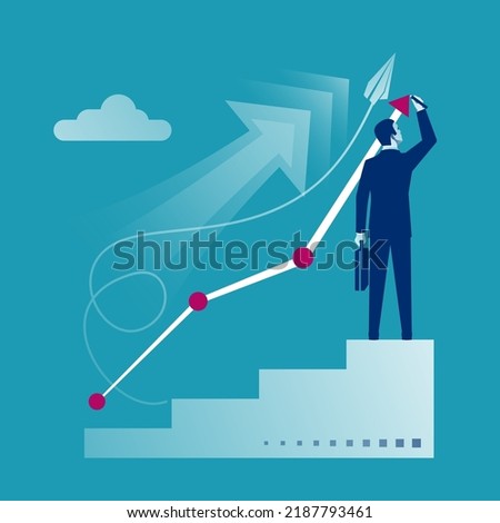 Career planning. Businessman draws graph of growth standing at stairs steps. Concept of career growth. Vector illustration flat design. Isolated on background.