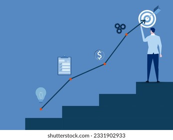 career planning businessman pulling graph of growth standing at ladder step career growth concept. vector illustration.