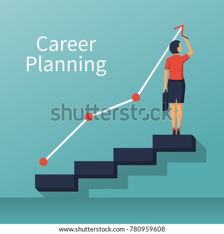 Career planning. Businesswoman draws graph of growth standing at stairs steps. Concept of career growth. Vector illustration flat design. Isolated on background.