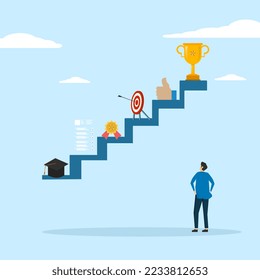 Career planning concept. business people see ladder to goal. Leader sees the future, motivation. Professional and hardworking young employees. Businessman going to goal Flat vector illustration.