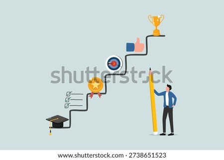 Career planning, developing career growth plans and opportunities, concepts of achieving business success, entrepreneur planning steps towards success in work and career on the ladder.