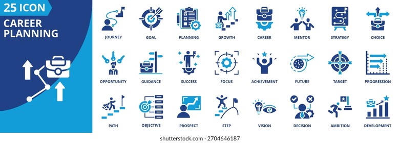career planning icon set collection in solid glyph dual color style. pack contain career, planning, goal, path, journey, growth, strategy, vision, target, opportunity icon