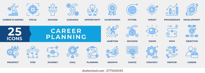 Career Planning Icon Set Collection. Containing focus, success, guidance, opportunity, achievement, future, target  and more. Simple Line Blue Vector Illustration.