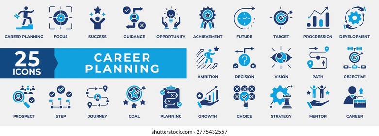 Career Planning Icon Set Collection. Containing focus, success, guidance, opportunity, achievement, future, target  and more. Simple Flat Blue Vector Illustration.