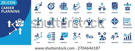career planning icon set collection in solid glyph dual color style. pack contain career, planning, goal, path, journey, growth, strategy, vision, target, opportunity icon