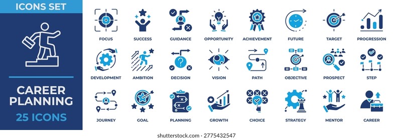 Career Planning icon set dual tone color style. Containing icon career, strategy, goal, mentor, planning, target, growth and more. Simple Solid Blue Illustration.