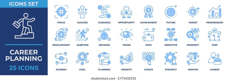 Career Planning icon set lineal blue style. Containing icon career, strategy, goal, mentor, planning, target, growth and more. Simple Lineal Blue Illustration.