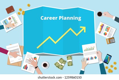 career planning with increase or profit graph with team business discuss meeting together vector illustration