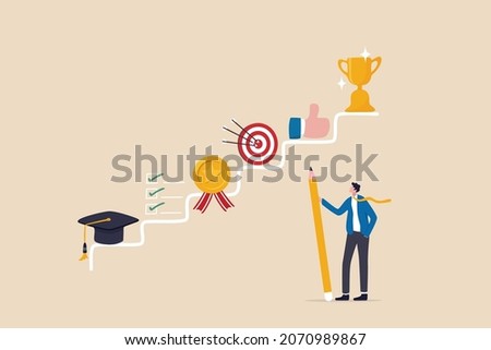 Career planning, step to develop plan and growth career opportunity, professional achievement or business success concept, businessman planning step to success in work and career on staircase.