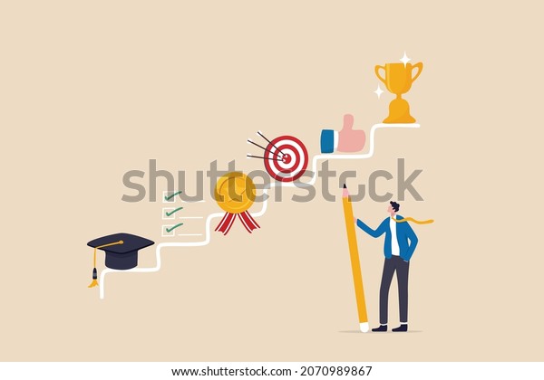Career planning, step to develop plan and\
growth career opportunity, professional achievement or business\
success concept, businessman planning step to success in work and\
career on staircase.