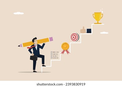 Career planning, steps to develop plans and growth career opportunities, achievements, business success concept, businessman planning steps towards success in work.