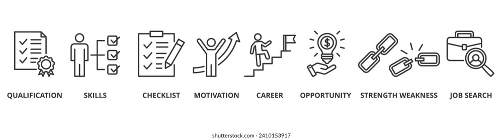 Planificación de la carrera Icono web Icono Ilustración vectorial con icono de cualificación, habilidades, lista de control, motivación, carrera, oportunidad, debilidad de fortaleza, búsqueda de empleo