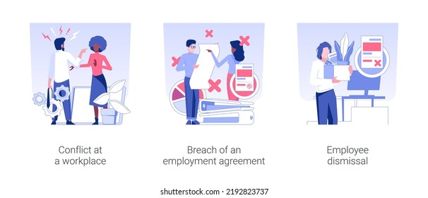 Career problems isolated concept vector illustration set. Conflict at a workplace, breach of an employment agreement, employee dismissal, HR management, get fired, staff reduction vector cartoon.