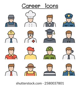 Career, Profession and Occupation icon set in color line style