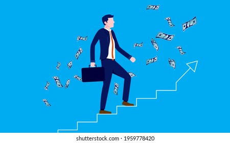 Career progress - Businessman walking up stairs to reach success, with money falling from the sky. Ladder of success concept. Vector illustration.