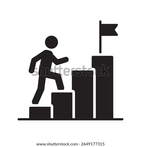 Career progress and goal achievement icon with a person climbing stairs towards a flag representing ambition success and reaching a target vector solid glyph icon