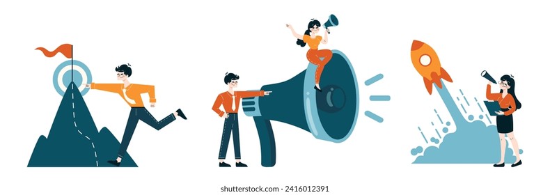 Career Progress set. Dynamic professionals climbing to success, promote the product, launching innovative ideas. Career advancement concept. Flat vector illustration