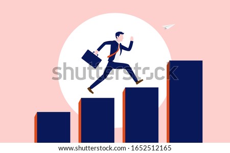 Career progress. Successful businessman with briefcase running up a rising graph. Financial success, career development, promotion and hard work pays off concept. Vector Illustration.