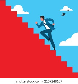 Career progress. successful businessman rising up the stairs. vector flat graphic illustration background