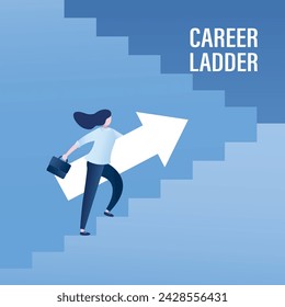 Career progress. Successful businesswoman holding an arrow sign, rising up the stairs. Female employee climb the career ladder. Business planning concept. Motivation banner. Trendy vector illustration