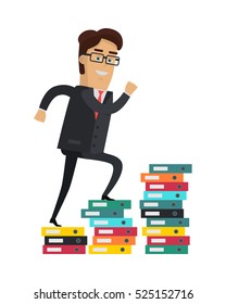 Career progression vector concept. Flat design. Smiling businessman character climbs the stairs of documents. Paper work and education. For business concepts and infographics. On white background.