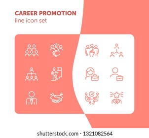 Career promotion line icon set. Candidate, selection, interview. Human resource concept. Can be used for topics like employment, corporate hierarchy, recruitment
