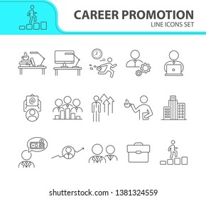 Career promotion line icon set. Employee, workplace, office building. Career concept. Can be used for topics like professional, leader, office worker