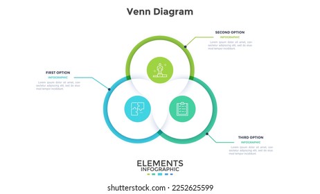 Career promotion and personal development Venn diagram infographic design template with three segments. Employee productivity analytics. Overplayed circles chart with icons. Visual data presentation
