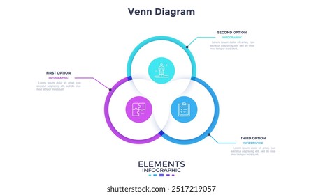 Promoção de carreira e desenvolvimento pessoal Diagrama Venn modelo de design infográfico com três segmentos. Análise de produtividade do funcionário. Gráfico de círculos sobrepostos com ícones. Apresentação de dados visuais