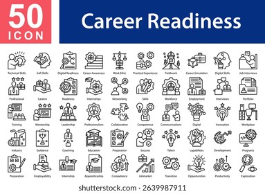 Career Readiness Collection of Icons with Outline Style Containing: Technical Skills,Soft Skills,Digital Readiness,Career Awareness,Work Ethic,Practical Experience,Fieldwork,Career Simulation