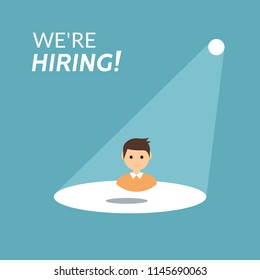 Career recruitment or hiring vector concept. Spotlight looking job, hiring employment.
