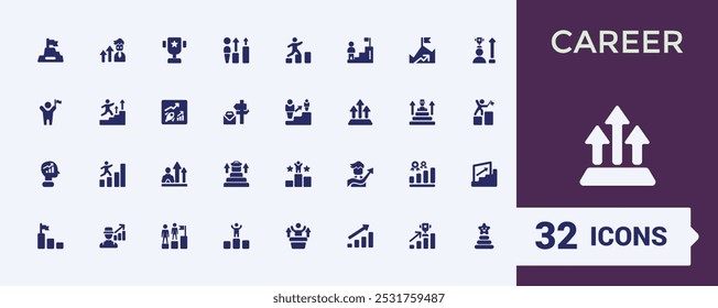 Career related solid icons set. Containing training, networking, goal setting, job rotation and more. Glyph flat icon collection. Editable and pixel perfect symbol for web and ui.