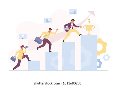 Career rise to financial success concept. Character manager is gradually growing from an ordinary employee to head of company profit chart to main monetary prize. Flat vector ambition.