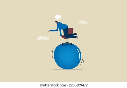 Career risk. Job and income instability. Businessman balancing on unstable career ball. Illustration