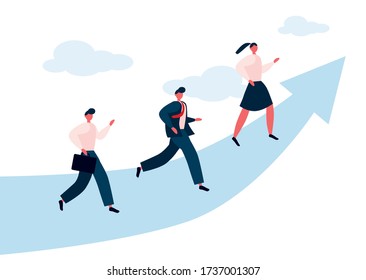 Career run. Workers running fast on the arrow that rises. Employees competeting for leadership.  Flat vector illustration isolated on white background.