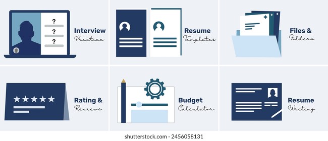 career services illustrations showing company reviews and ratings, budget calculator, resume writing services, resume templates, interview practice, resume samples, online interview, and hiring.