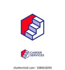 Career Services Logo. Human Resources Management. Stairs Up On Hexagon, Success And Growth In Business.