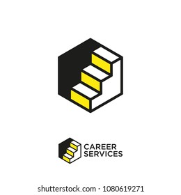 Career services logo. Human resources management. Stairs up on hexagon, success and growth in business.